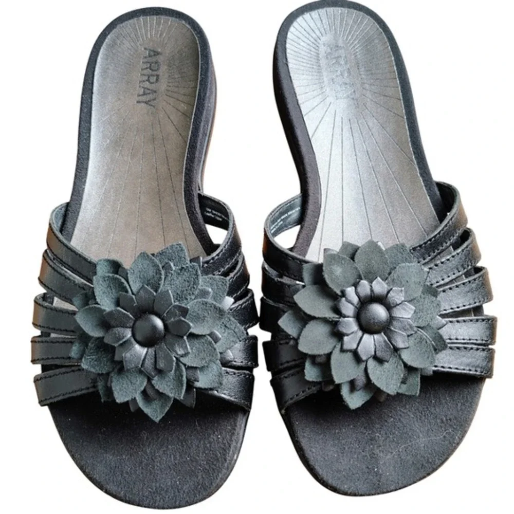 Array Womens Black Leather Floral Slide Sandals Wedge Heel 10M summer fun